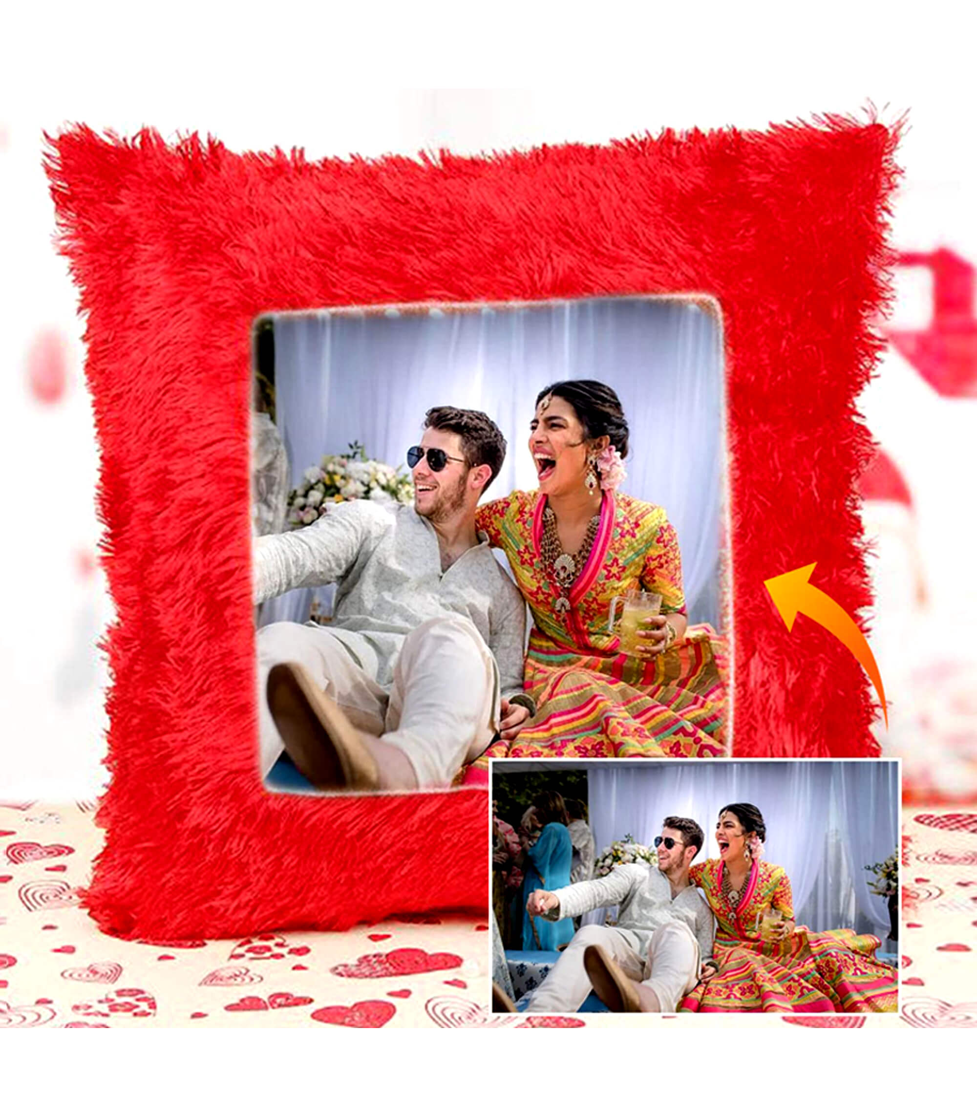 Personalized Red Square-Shaped Fur Pillow with Your Photo