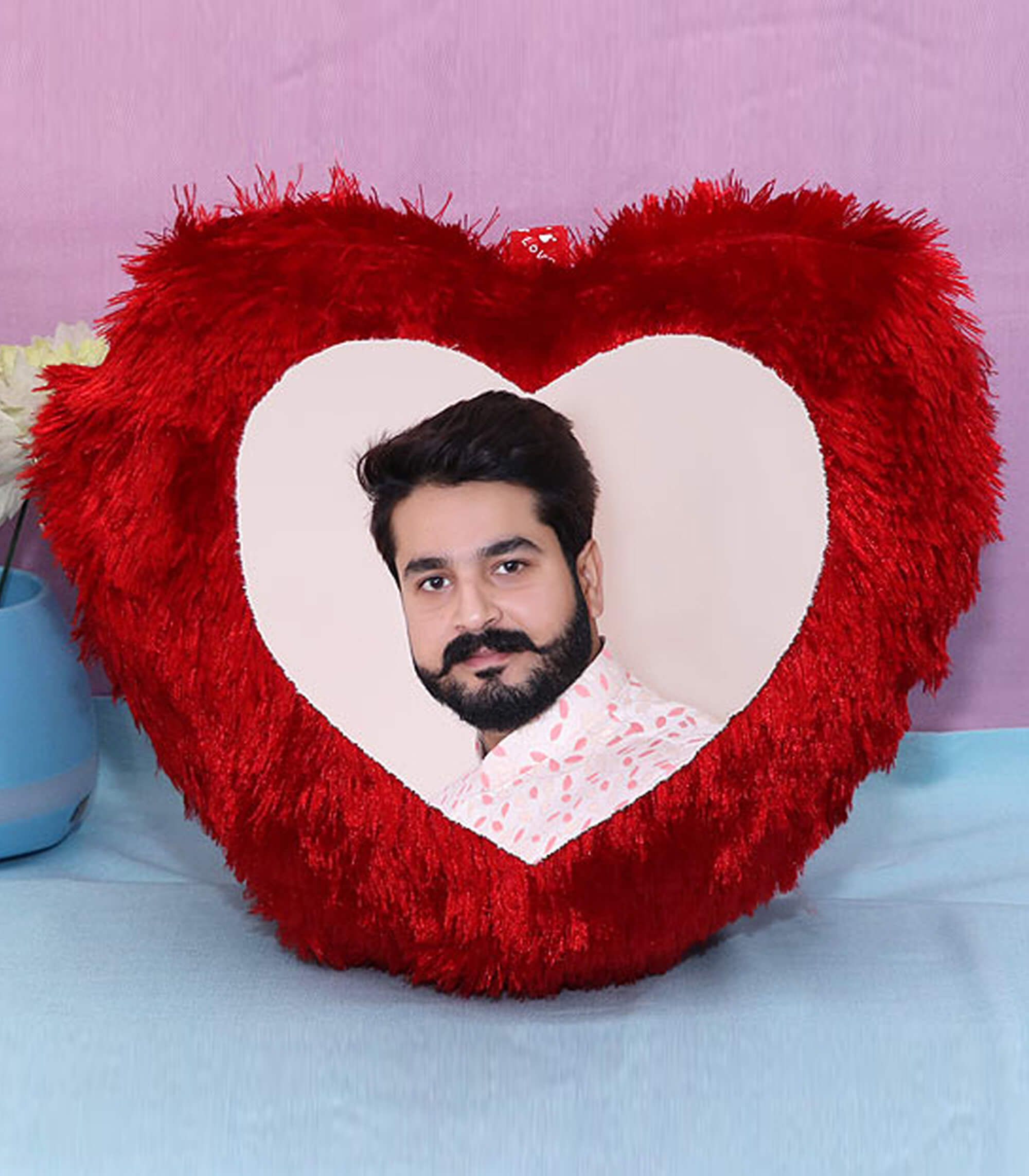 Personalized Red Heart-Shaped Fur Pillow with Your Photo