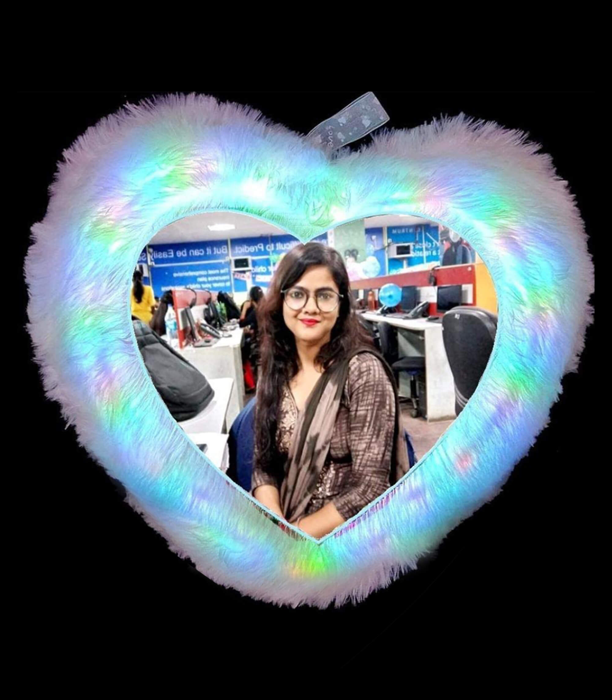 Personalized Multicolour Heart LED Light Photo Pillow with Filler – 16x16-inch Polyester Fur