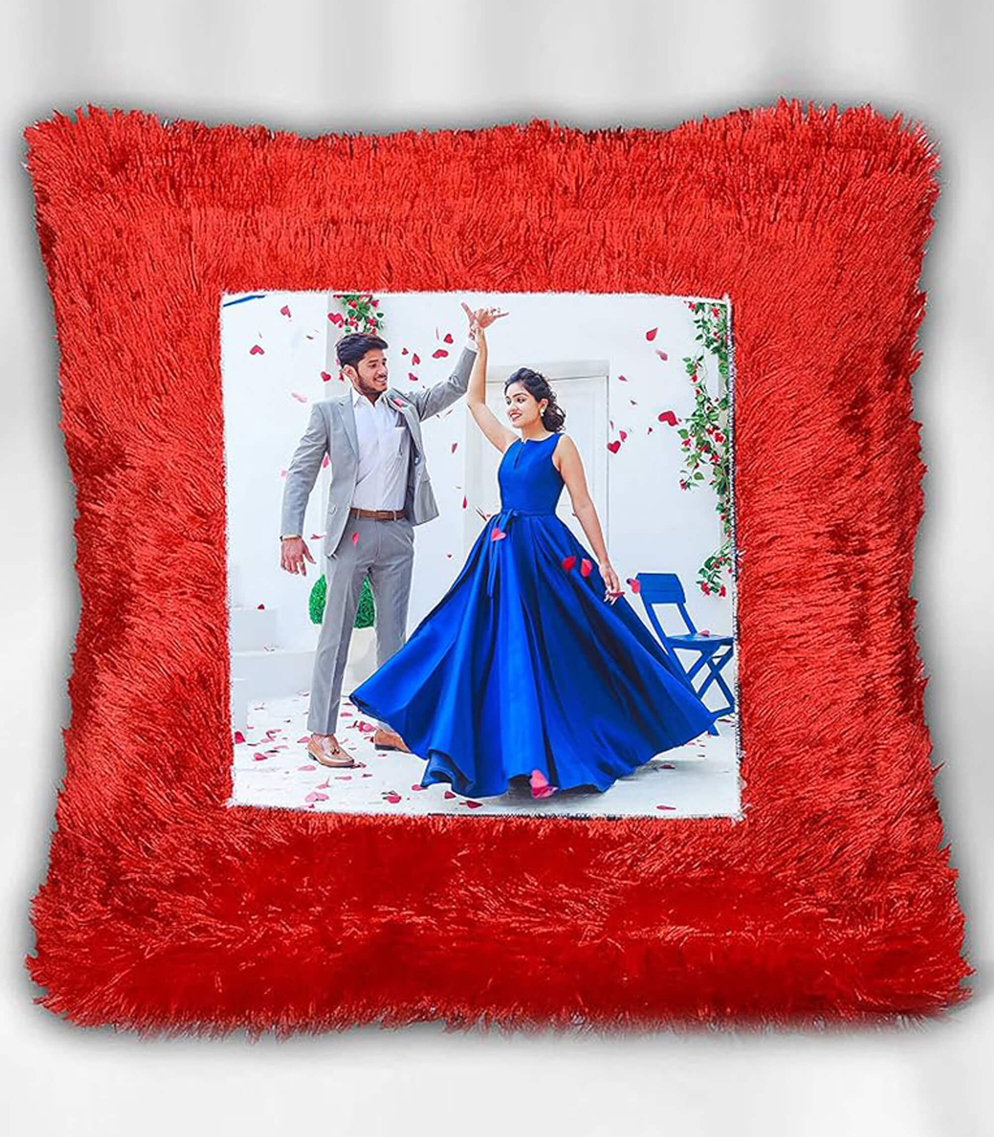 Personalized Red Square-Shaped Fur Pillow with Your Photo