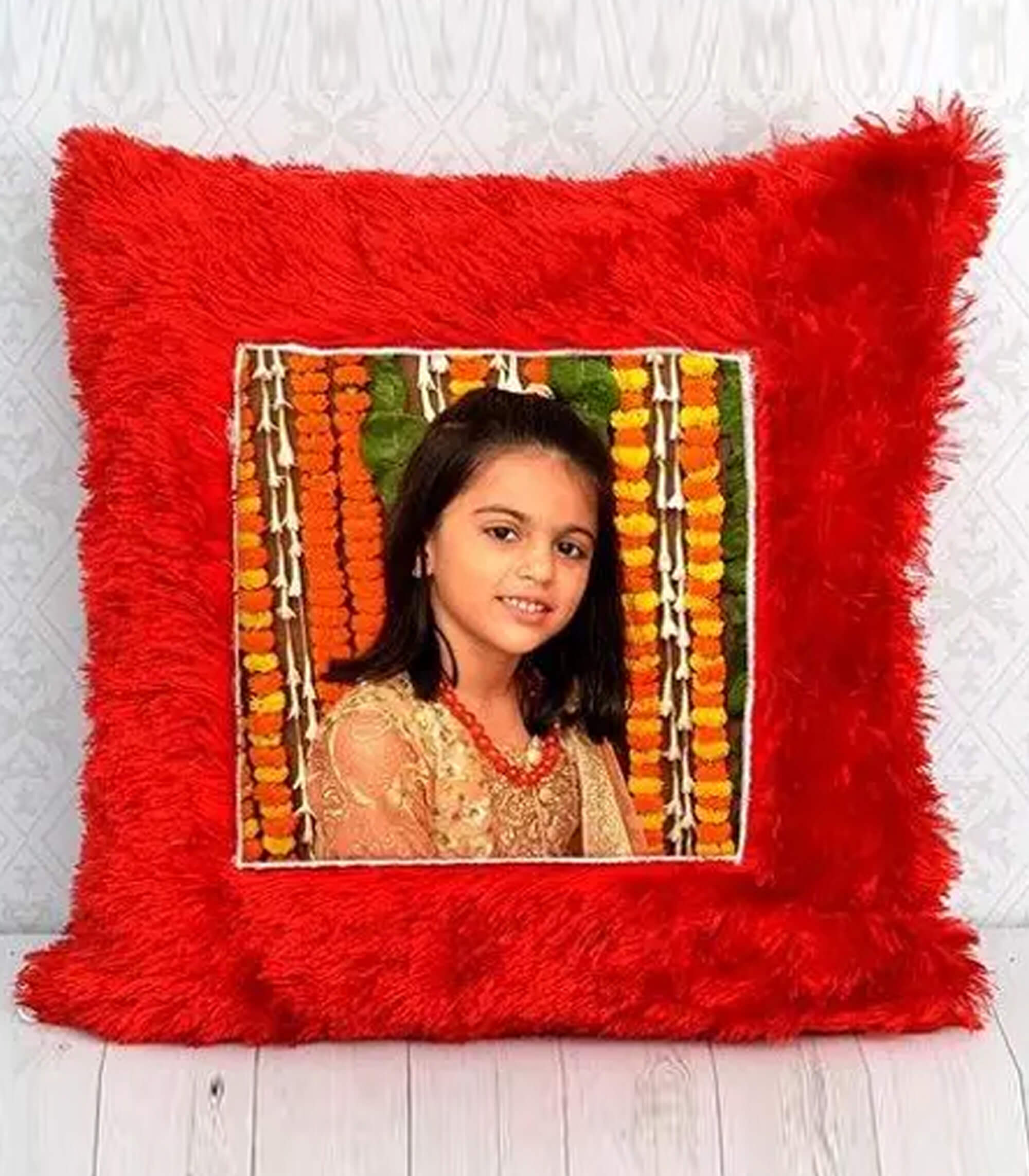 Personalized Red Square-Shaped Fur Pillow with Your Photo