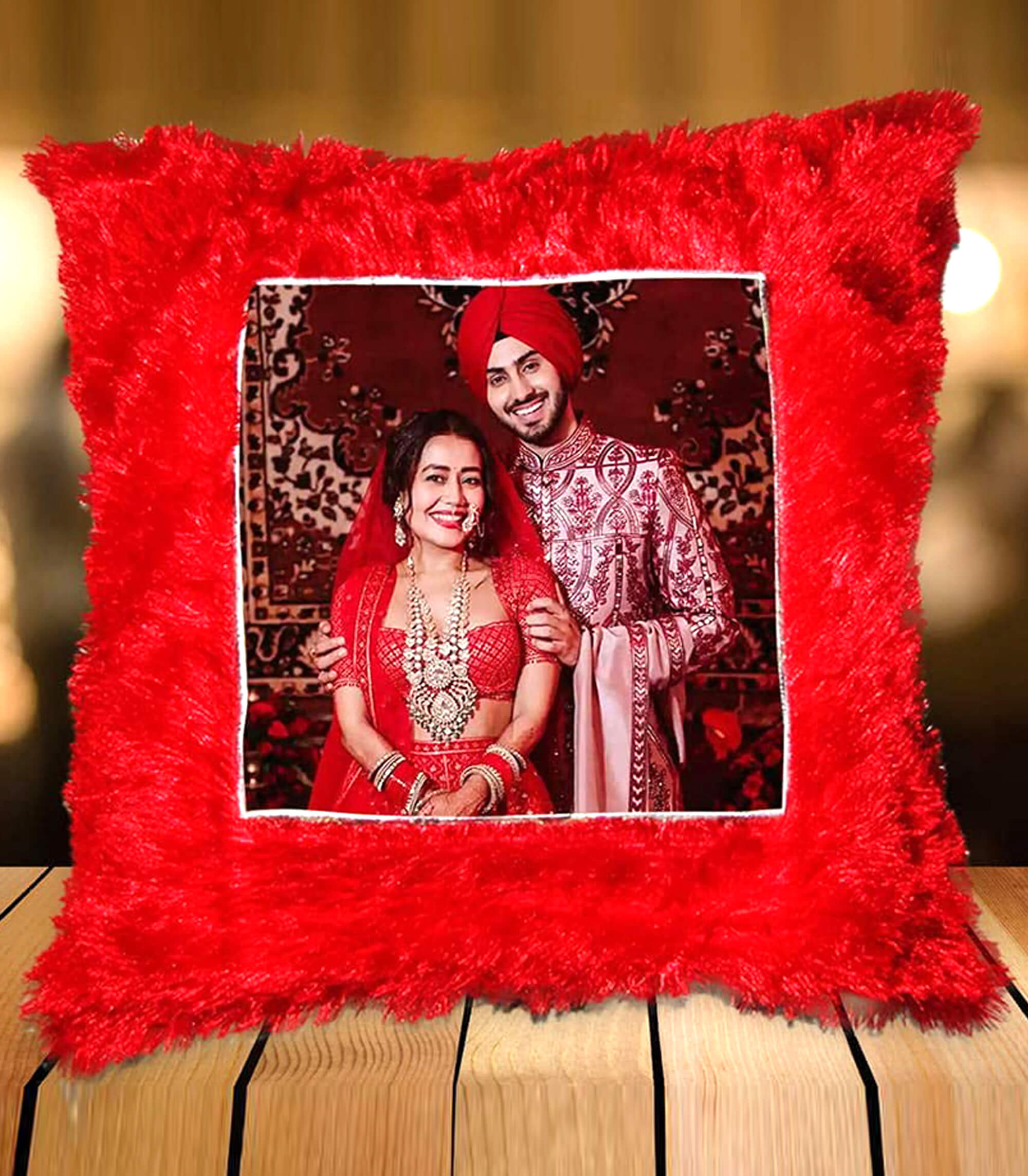 Personalized Red Square-Shaped Fur Pillow with Your Photo