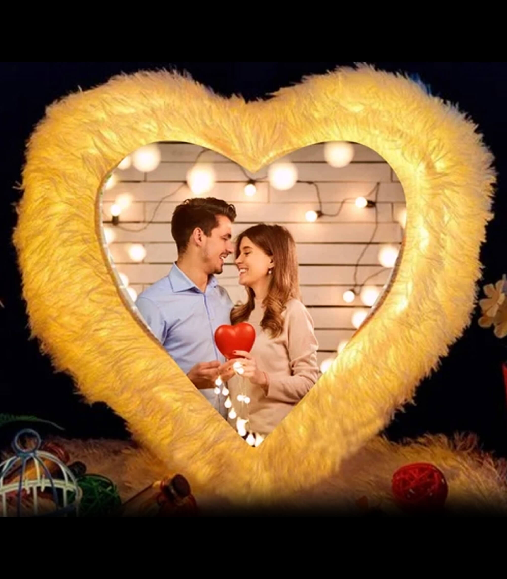 Personalized Multicolour Heart LED Light Photo Pillow with Filler – 16x16-inch Polyester Fur