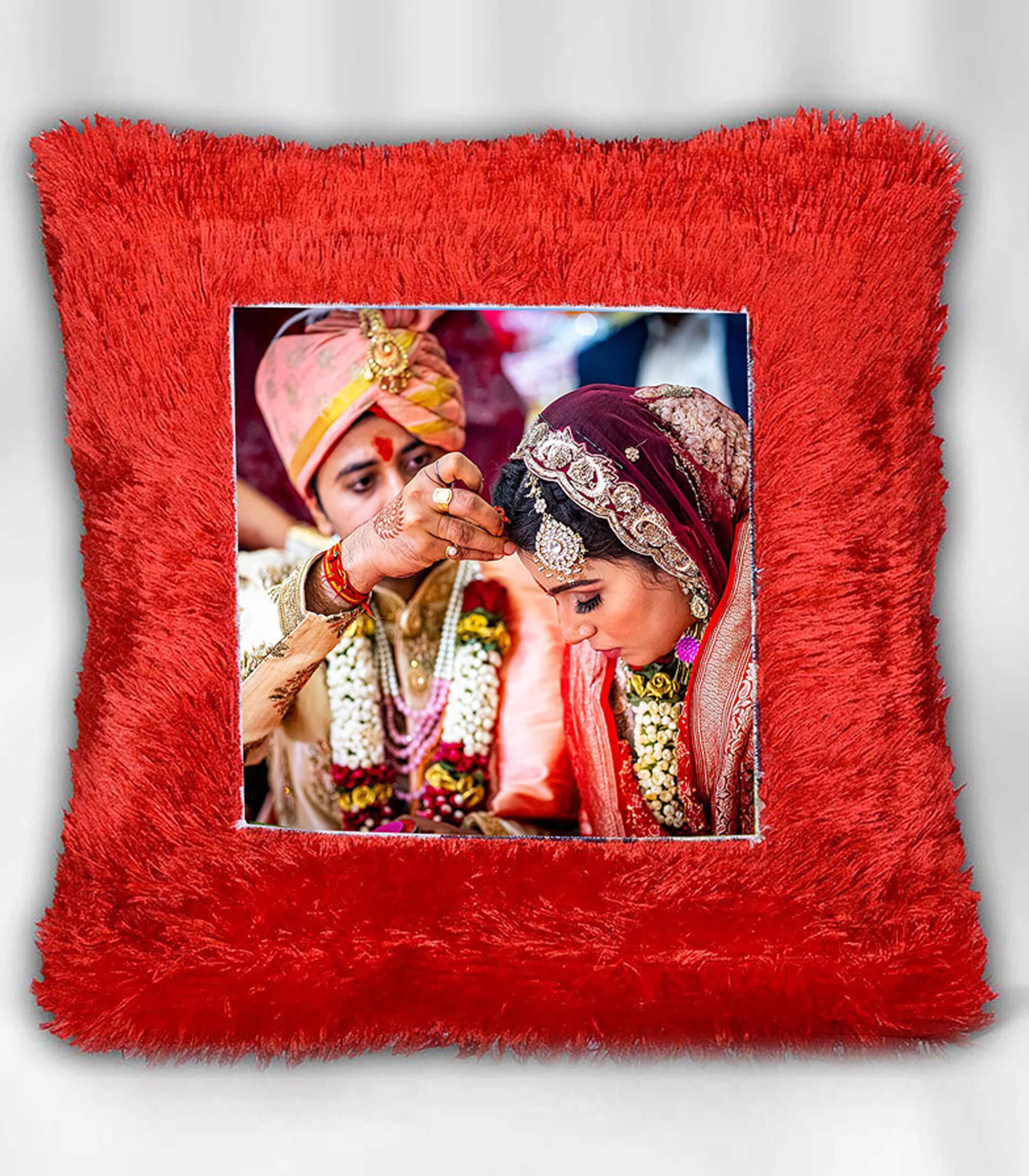 Personalized Red Square-Shaped Fur Pillow with Your Photo