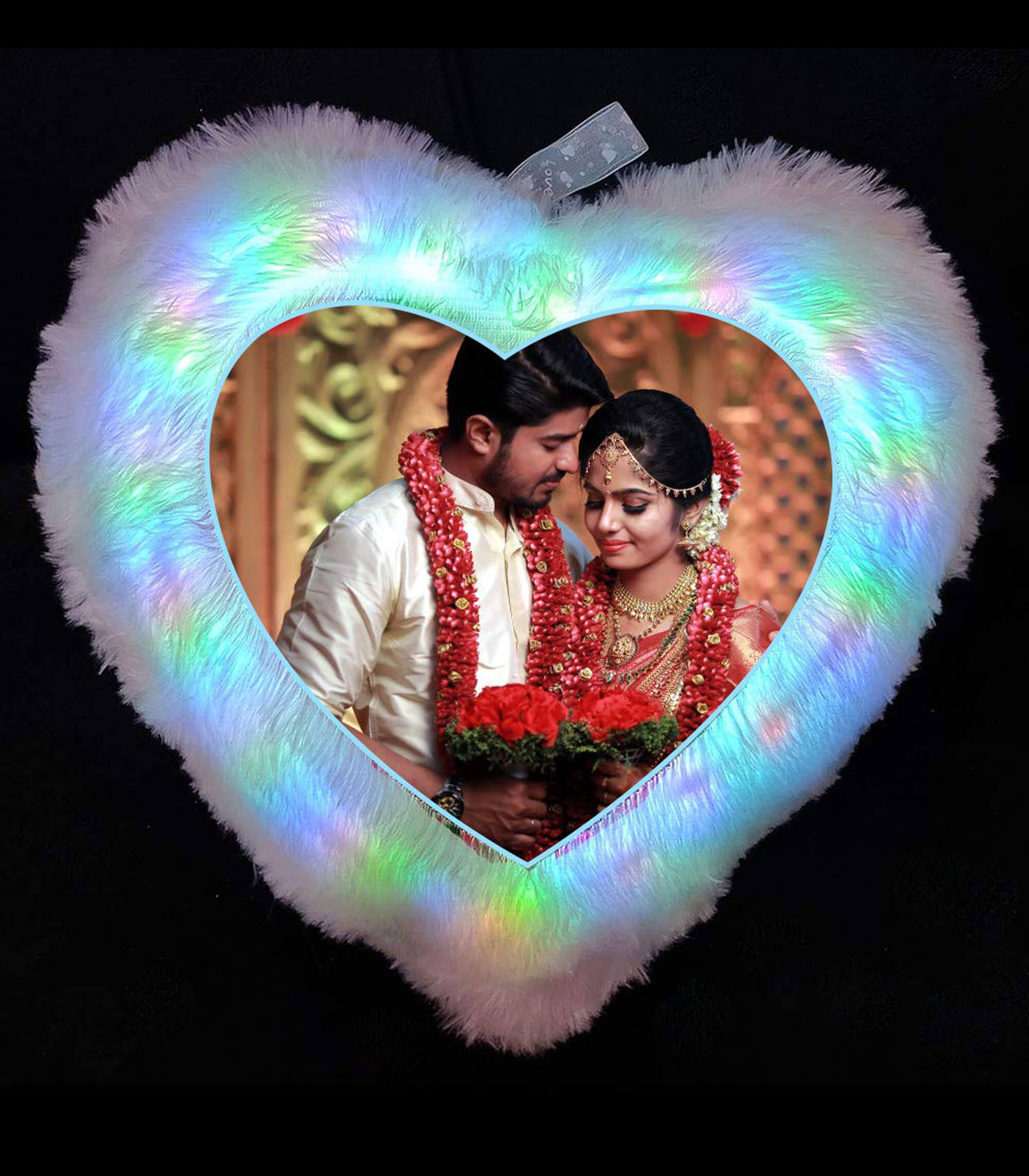 Personalized Multicolour Heart LED Light Photo Pillow with Filler – 16x16-inch Polyester Fur