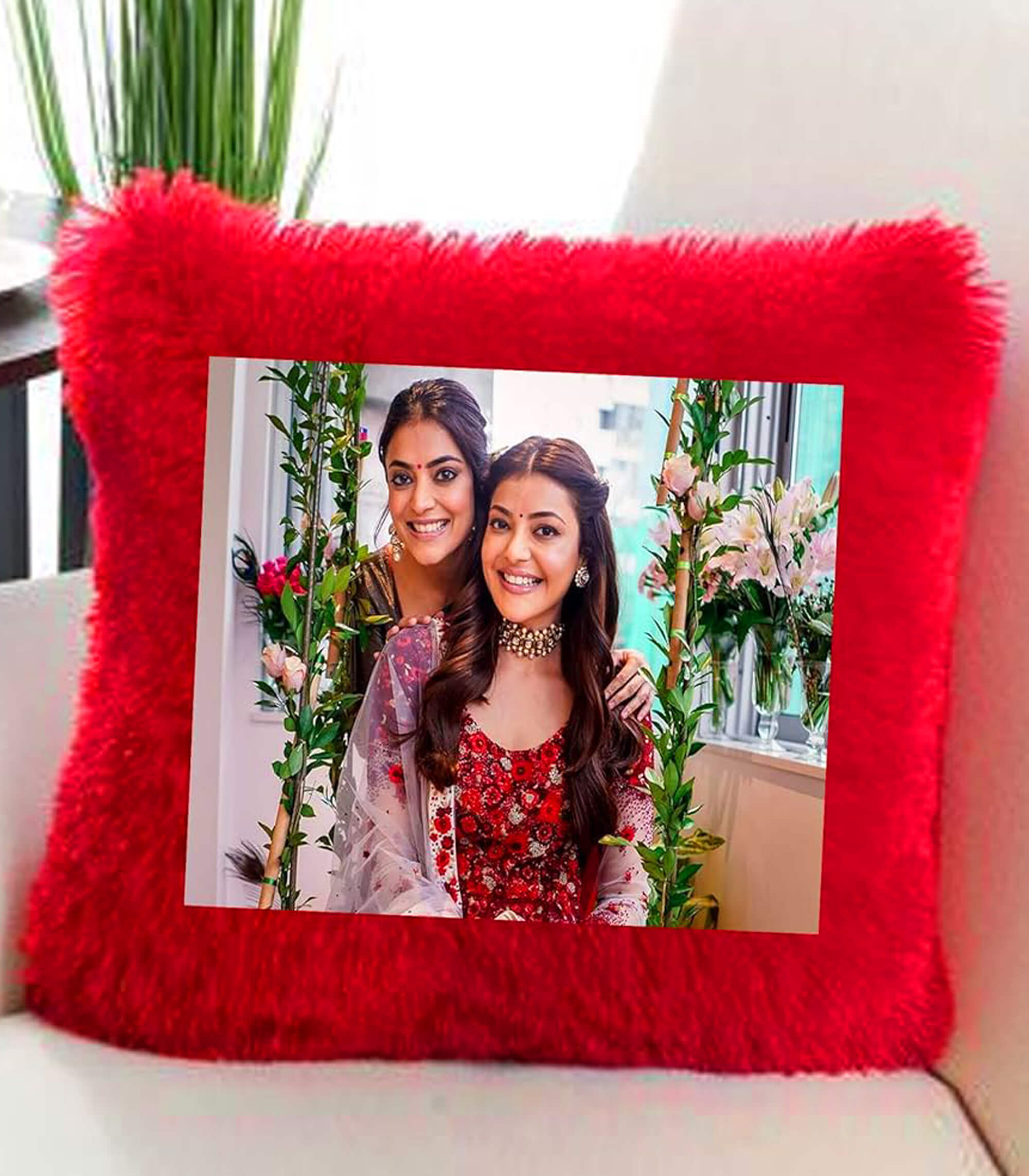 Personalized Red Square-Shaped Fur Pillow with Your Photo